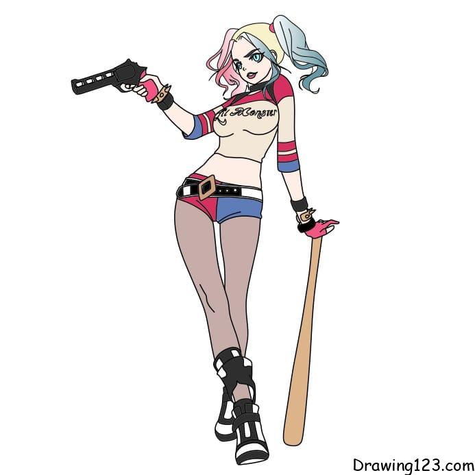 How to draw Harley Quinn with guns - Sketchok easy drawing guides